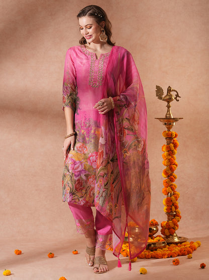 Floral Printed & Hand Embroidered Straight Fit Kurta with Pant & Dupatta - Pink