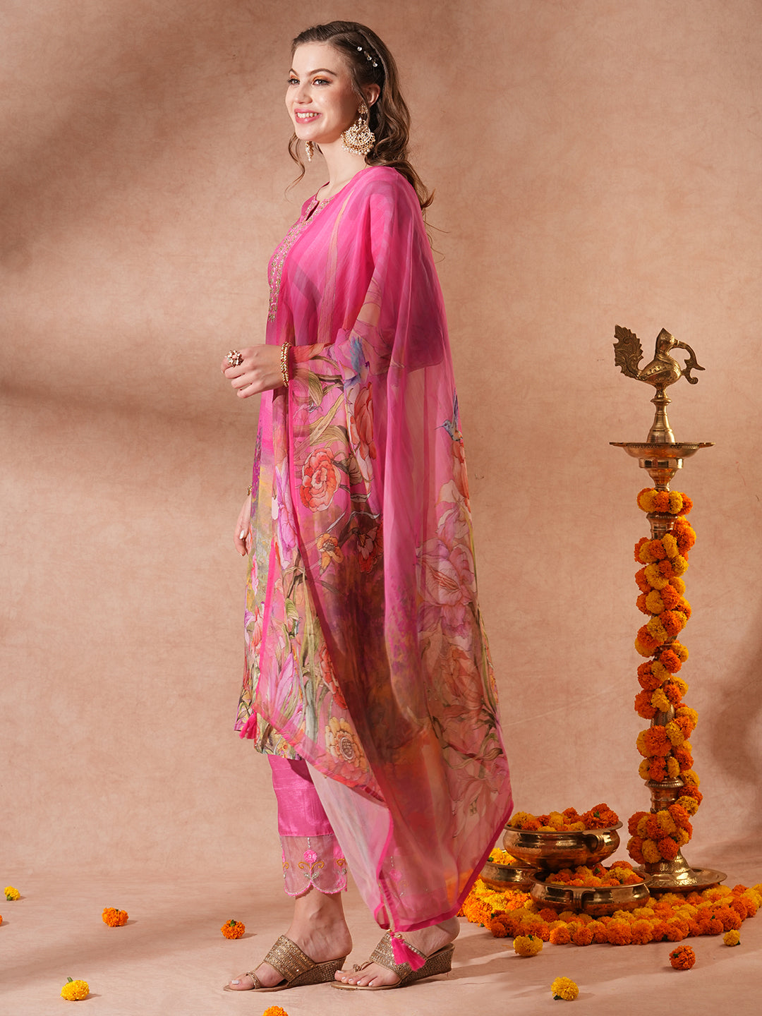 Floral Printed & Hand Embroidered Straight Fit Kurta with Pant & Dupatta - Pink