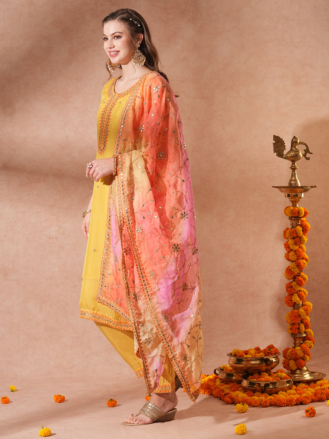 Solid Gota Patti Embroidered Straight Fit Kurta with Pant and Printed Dupatta - Yellow