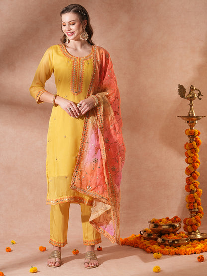 Solid Gota Patti Embroidered Straight Fit Kurta with Pant and Printed Dupatta - Yellow