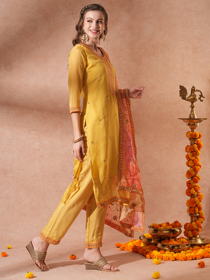 Solid Gota Patti Embroidered Straight Fit Kurta with Pant and Printed Dupatta - Yellow