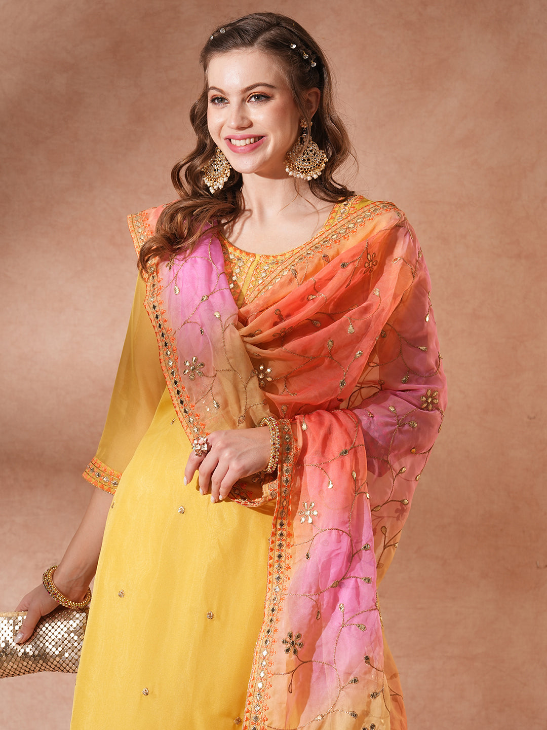 Solid Gota Patti Embroidered Straight Fit Kurta with Pant and Printed Dupatta - Yellow