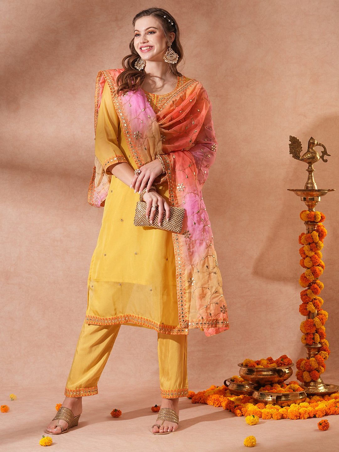 Solid Gota Patti Embroidered Straight Fit Kurta with Pant and Printed Dupatta - Yellow