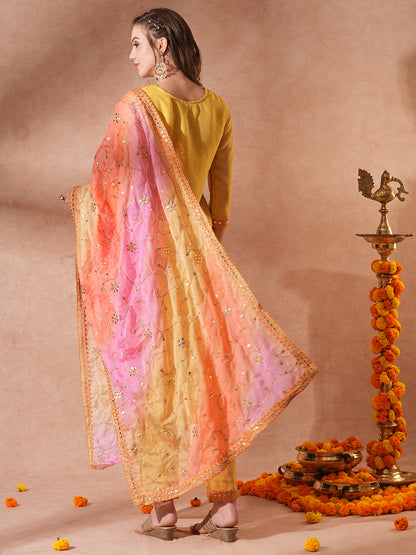 Solid Gota Patti Embroidered Straight Fit Kurta with Pant and Printed Dupatta - Yellow