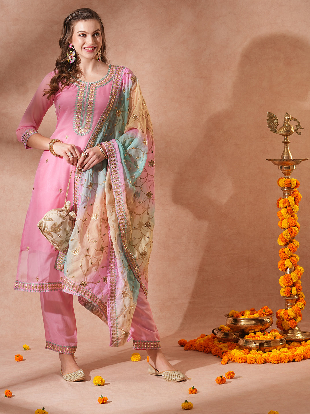 Solid Ethnic Gota Patti Embroidered Straight Fit Kurta with Pant & Dupatta - Pink