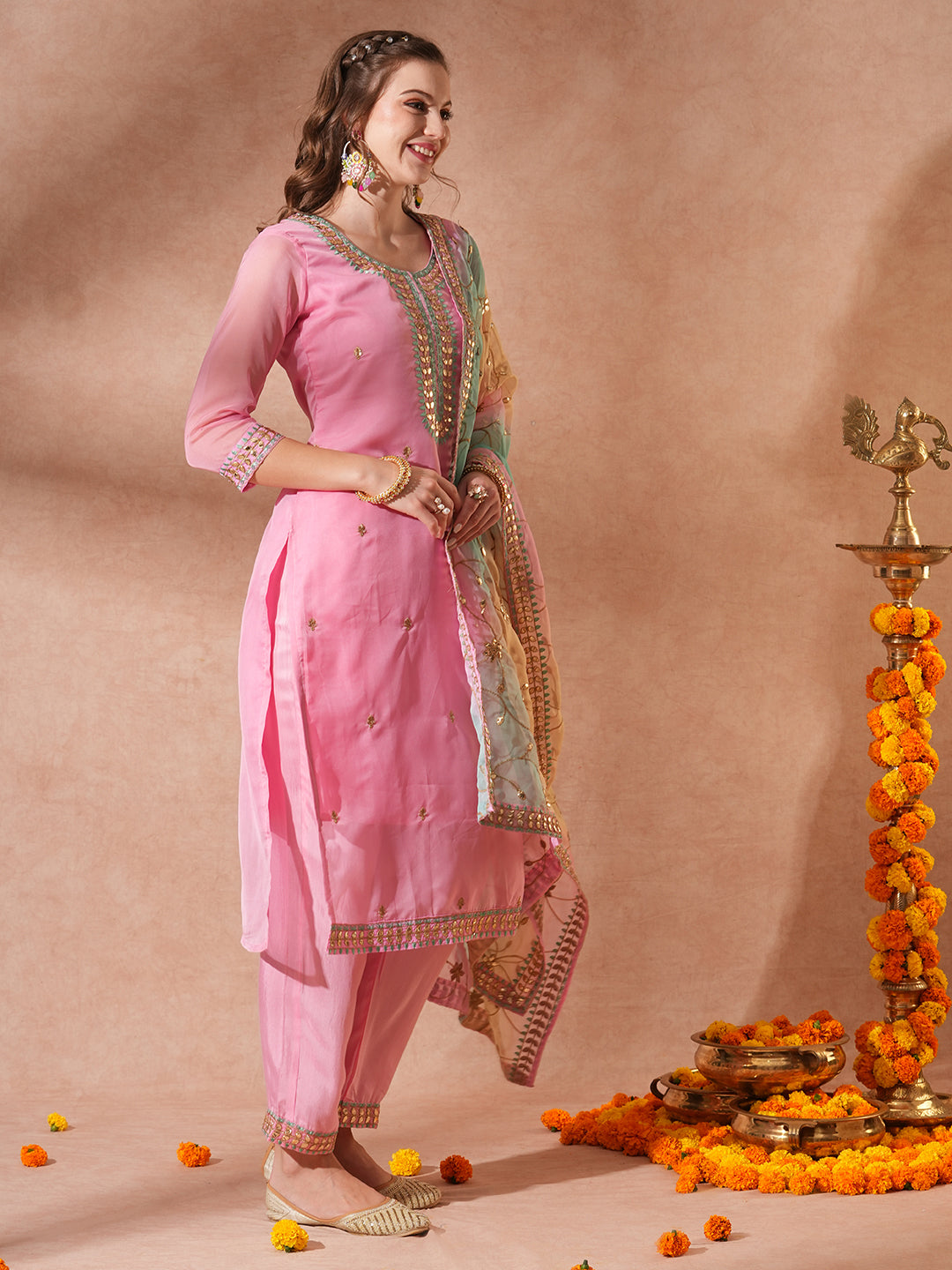 Solid Ethnic Gota Patti Embroidered Straight Fit Kurta with Pant & Dupatta - Pink