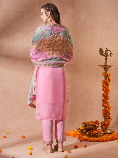 Solid Ethnic Gota Patti Embroidered Straight Fit Kurta with Pant & Dupatta - Pink