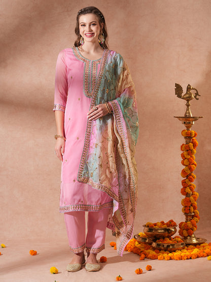 Solid Ethnic Gota Patti Embroidered Straight Fit Kurta with Pant & Dupatta - Pink