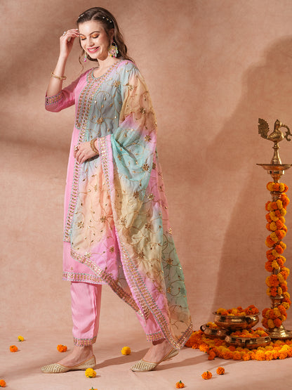 Solid Ethnic Gota Patti Embroidered Straight Fit Kurta with Pant & Dupatta - Pink