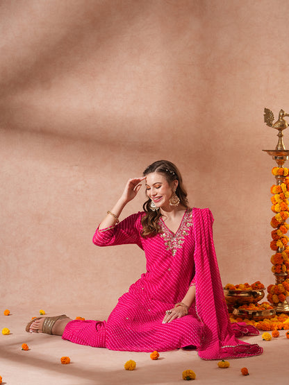 Leheriya Printed & Hand Embroidered Straight Kurta with Palazzo & Dupatta - Pink