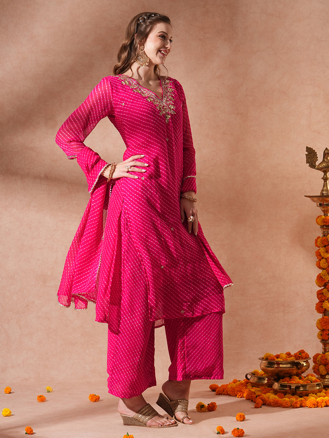 Leheriya Printed & Hand Embroidered Straight Kurta with Palazzo & Dupatta - Pink