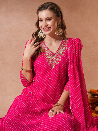 Leheriya Printed & Hand Embroidered Straight Kurta with Palazzo & Dupatta - Pink