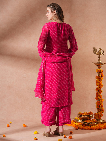 Leheriya Printed & Hand Embroidered Straight Kurta with Palazzo & Dupatta - Pink