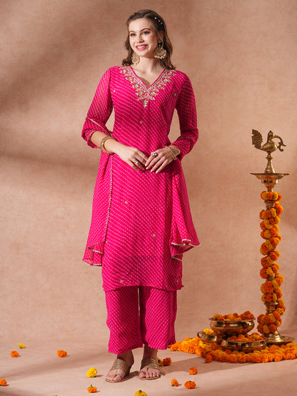 Leheriya Printed & Hand Embroidered Straight Kurta with Palazzo & Dupatta - Pink