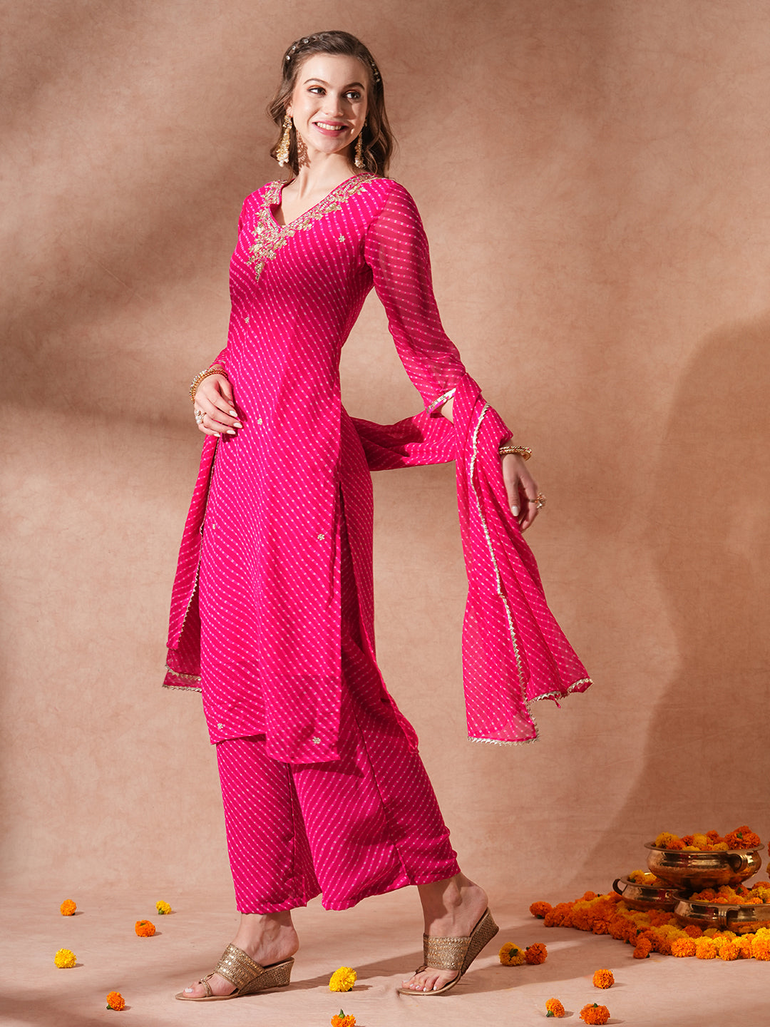 Leheriya Printed & Hand Embroidered Straight Kurta with Palazzo & Dupatta - Pink