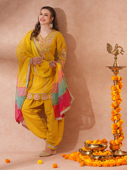 Solid Ethnic Embroidered A-Line Kurta with Salwar & Colorblocked Dupatta - Yellow