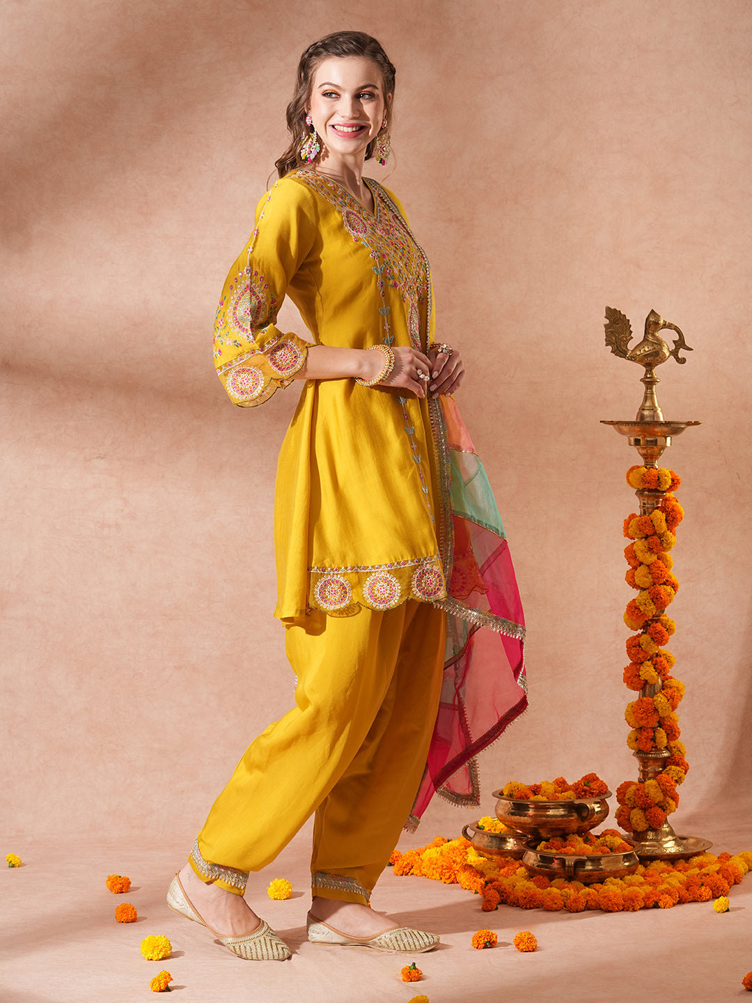 Solid Ethnic Embroidered A-Line Kurta with Salwar & Colorblocked Dupatta - Yellow