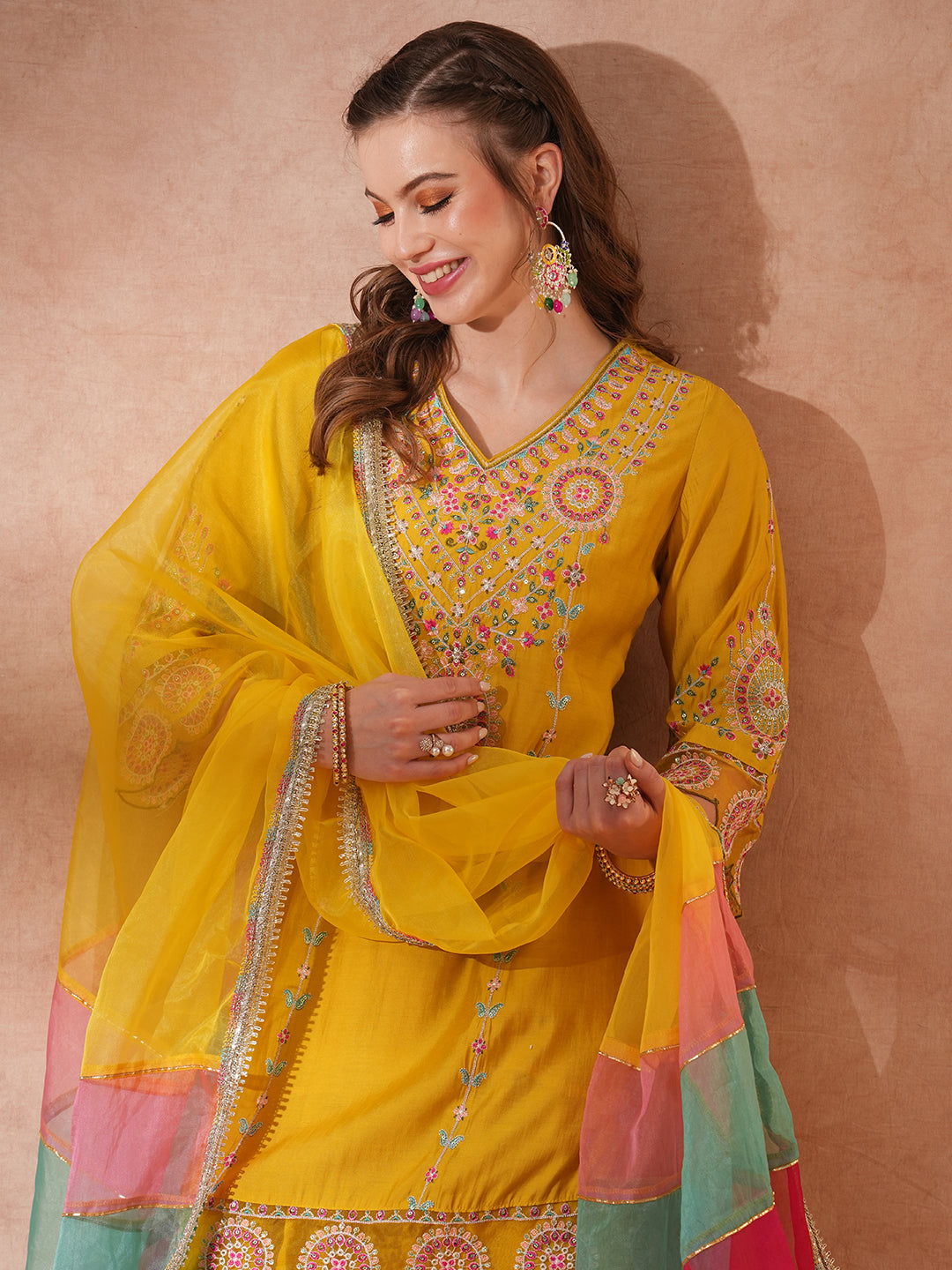 Solid Ethnic Embroidered A-Line Kurta with Salwar & Colorblocked Dupatta - Yellow