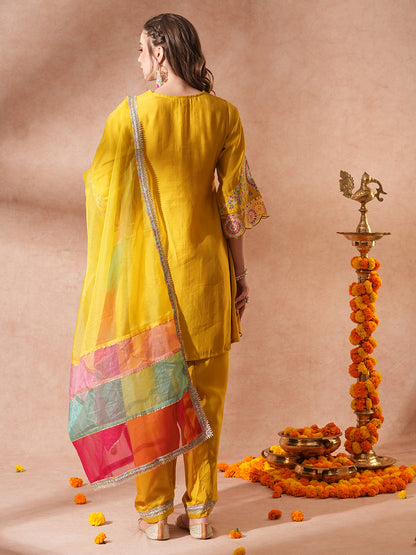 Solid Ethnic Embroidered A-Line Kurta with Salwar & Colorblocked Dupatta - Yellow