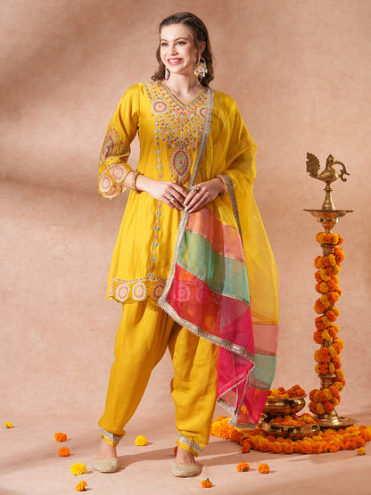 Solid Ethnic Embroidered A-Line Kurta with Salwar & Colorblocked Dupatta - Yellow