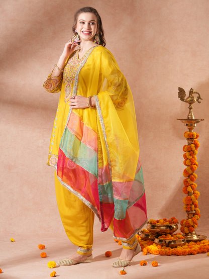 Solid Ethnic Embroidered A-Line Kurta with Salwar & Colorblocked Dupatta - Yellow