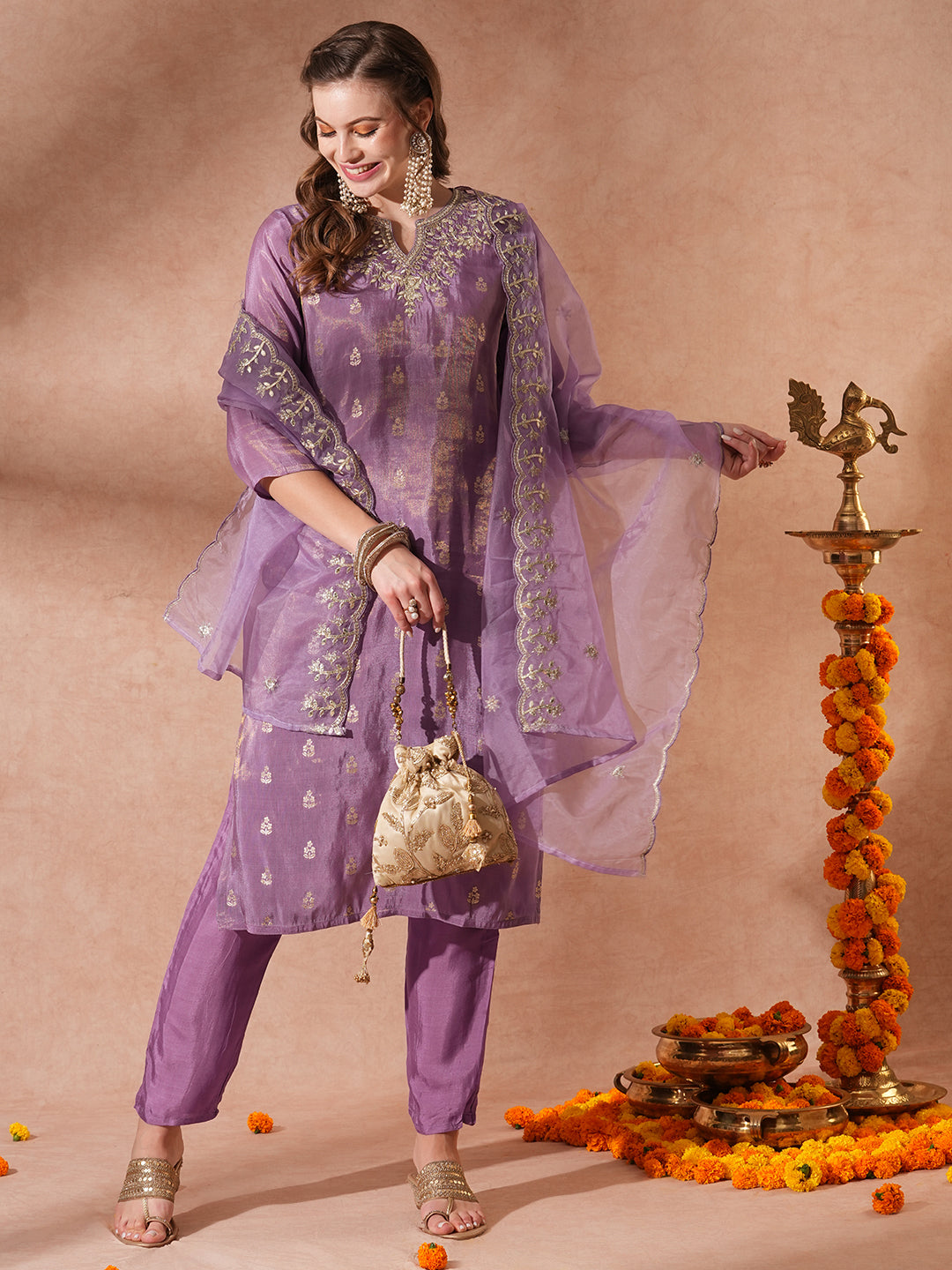 Solid Ethnic Embroidered Straight Fit Kurta with Pant & Dupatta - Purple