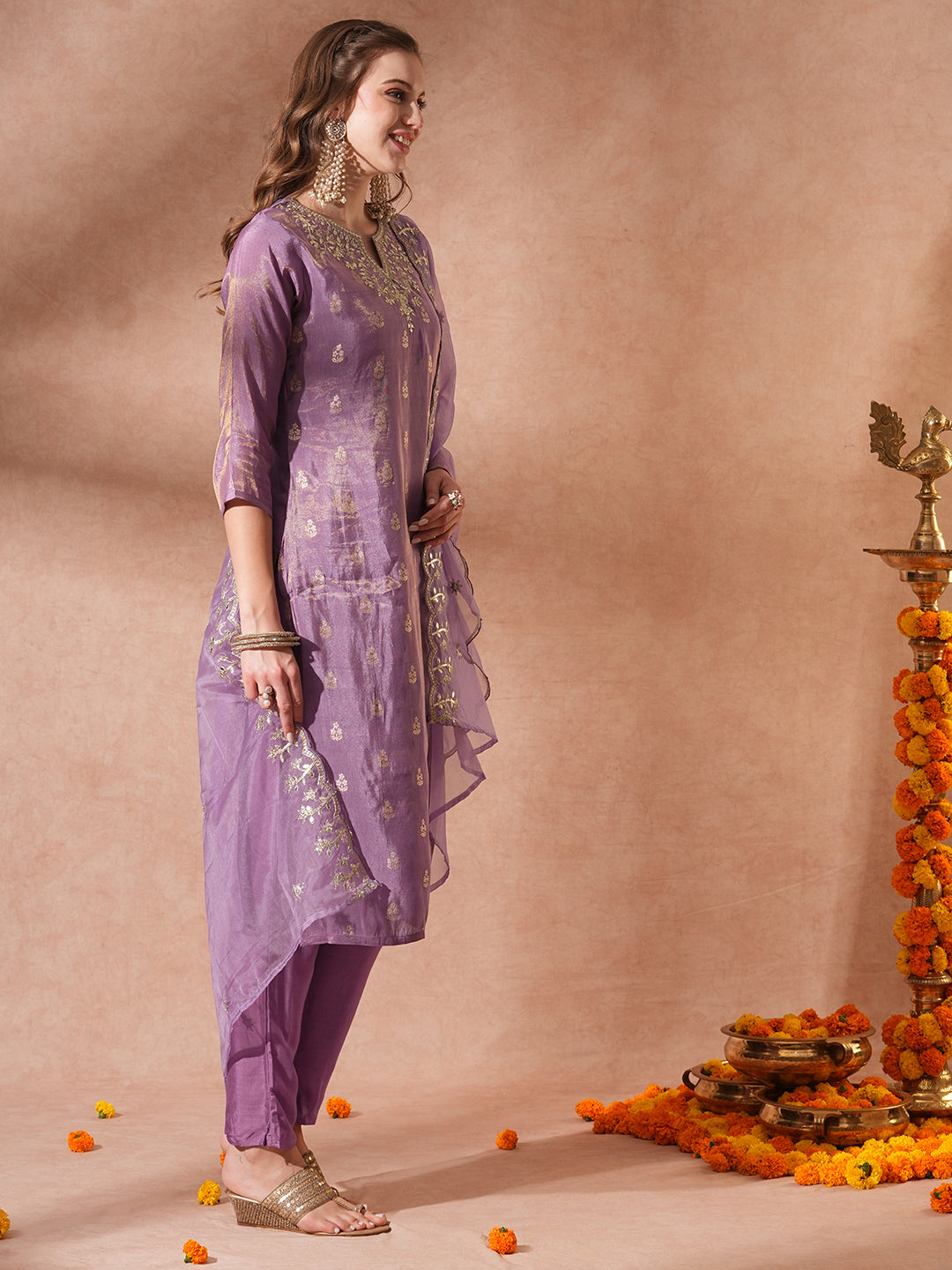 Solid Ethnic Embroidered Straight Fit Kurta with Pant & Dupatta - Purple