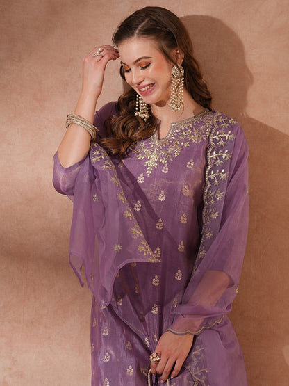 Solid Ethnic Embroidered Straight Fit Kurta with Pant & Dupatta - Purple