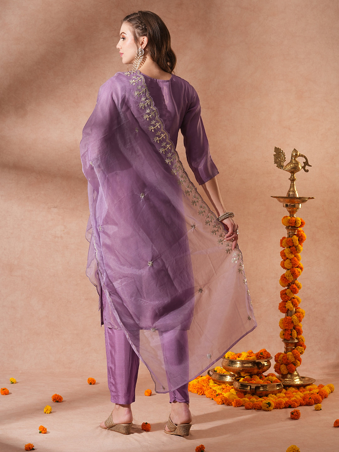 Solid Ethnic Embroidered Straight Fit Kurta with Pant & Dupatta - Purple