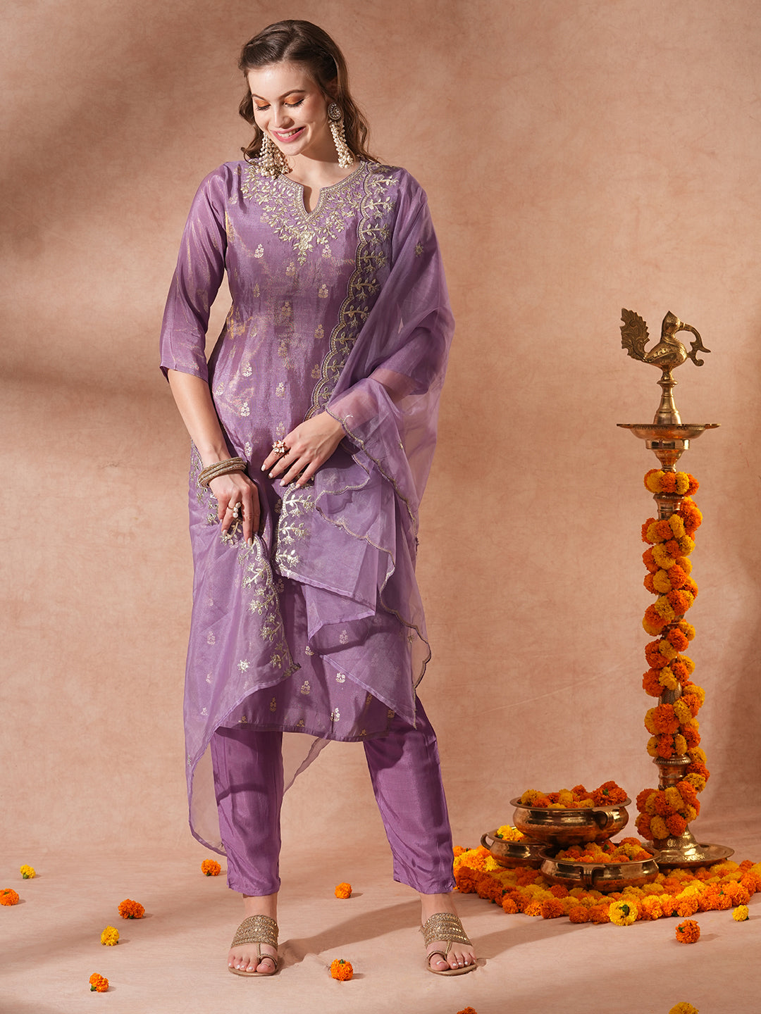 Solid Ethnic Embroidered Straight Fit Kurta with Pant & Dupatta - Purple