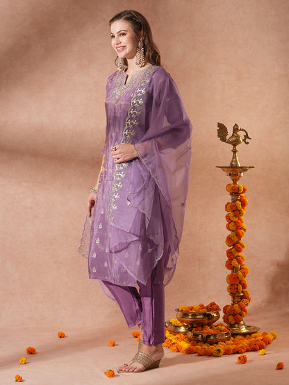 Solid Ethnic Embroidered Straight Fit Kurta with Pant & Dupatta - Purple