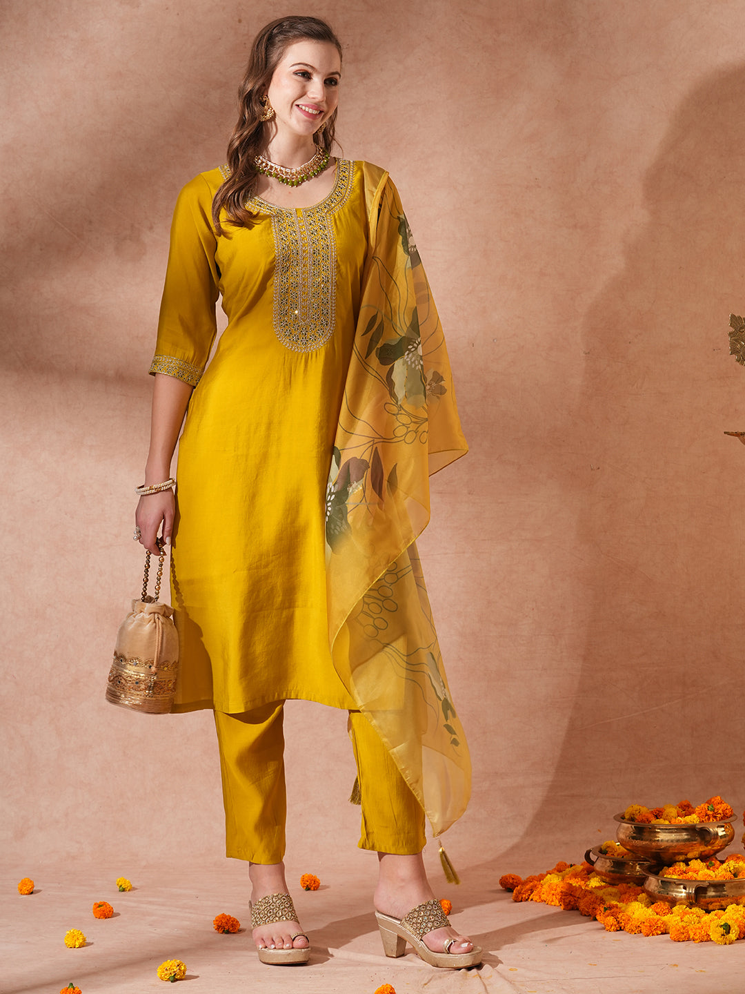 Solid Ethnic Embroidered Straight Fit Kurta with Pant & Dupatta - Mustard