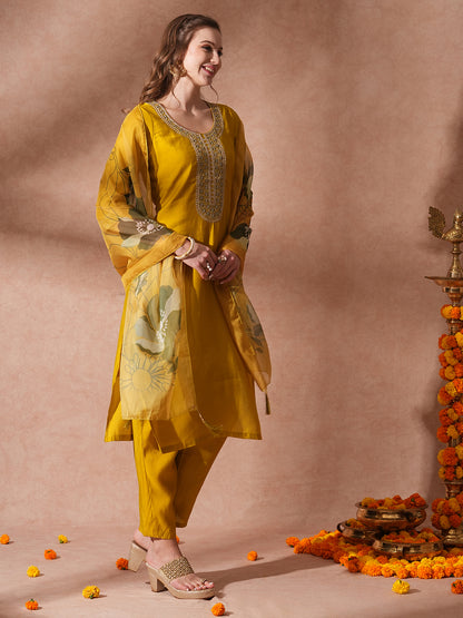 Solid Ethnic Embroidered Straight Fit Kurta with Pant & Dupatta - Mustard