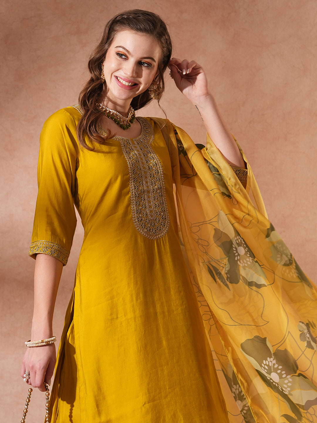 Solid Ethnic Embroidered Straight Fit Kurta with Pant & Dupatta - Mustard