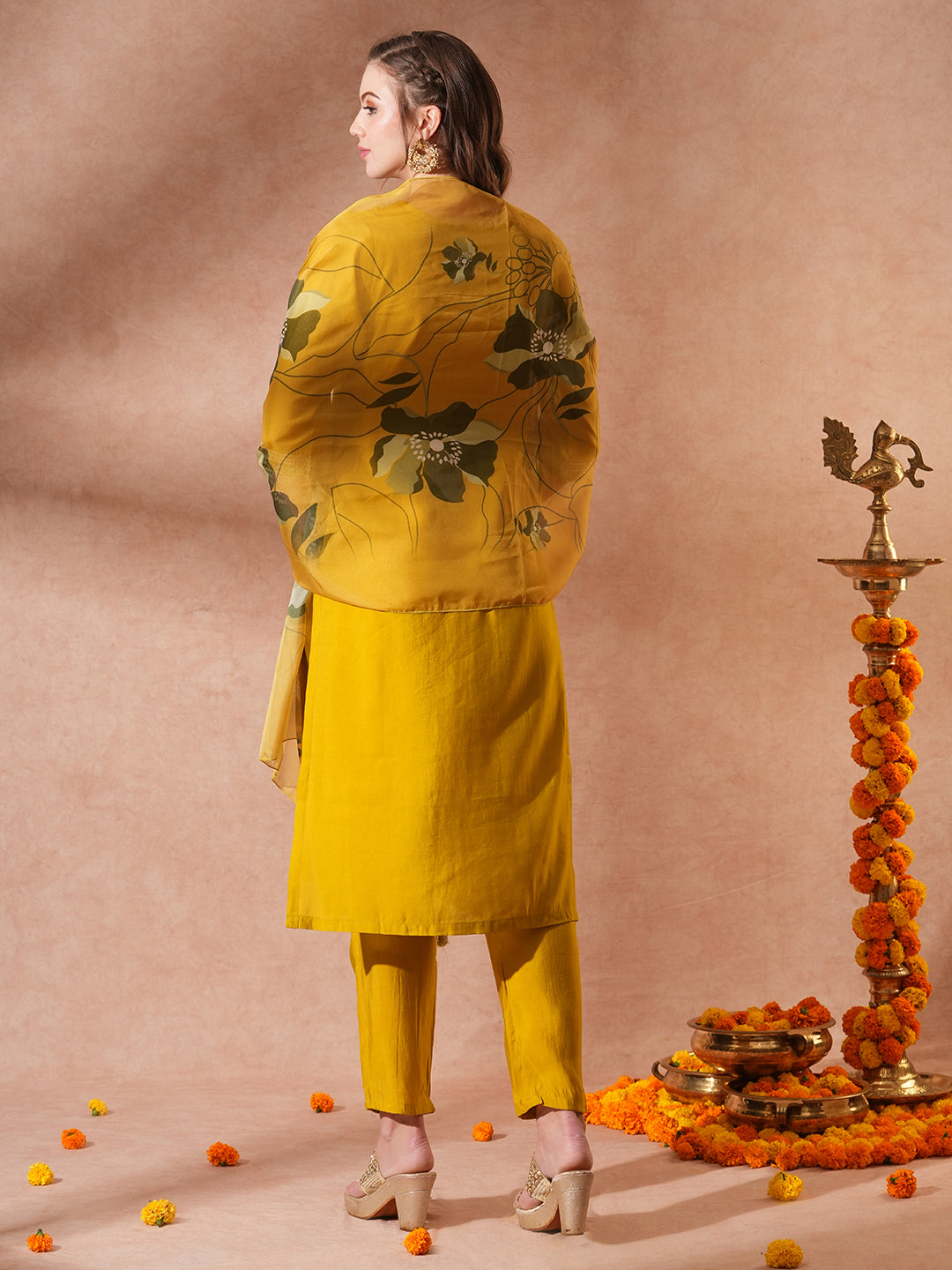 Solid Ethnic Embroidered Straight Fit Kurta with Pant & Dupatta - Mustard