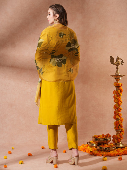 Solid Ethnic Embroidered Straight Fit Kurta with Pant & Dupatta - Mustard