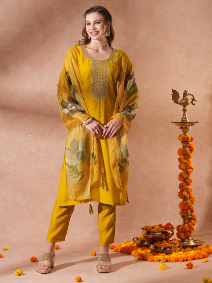 Solid Ethnic Embroidered Straight Fit Kurta with Pant & Dupatta - Mustard