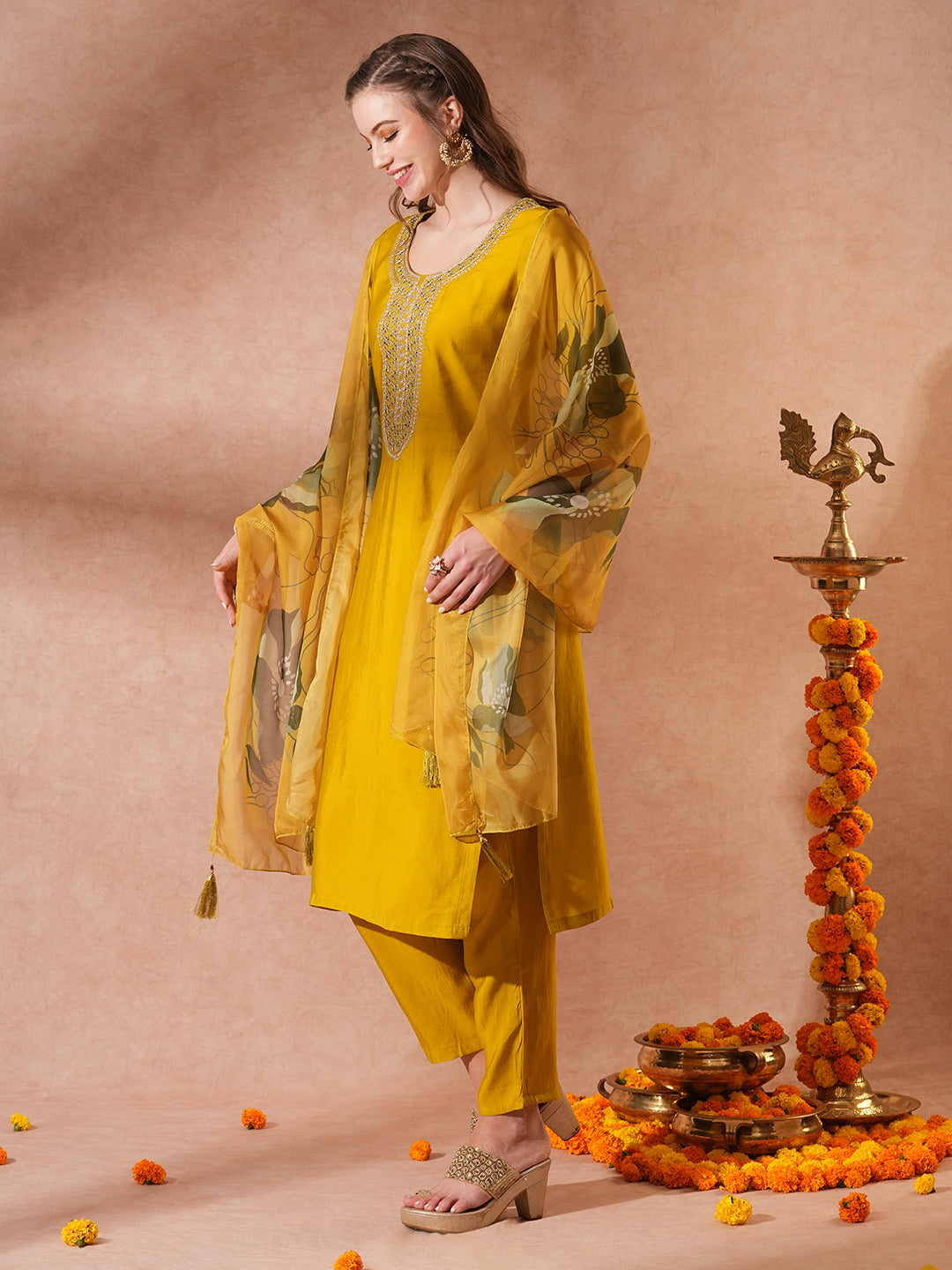 Solid Ethnic Embroidered Straight Fit Kurta with Pant & Dupatta - Mustard