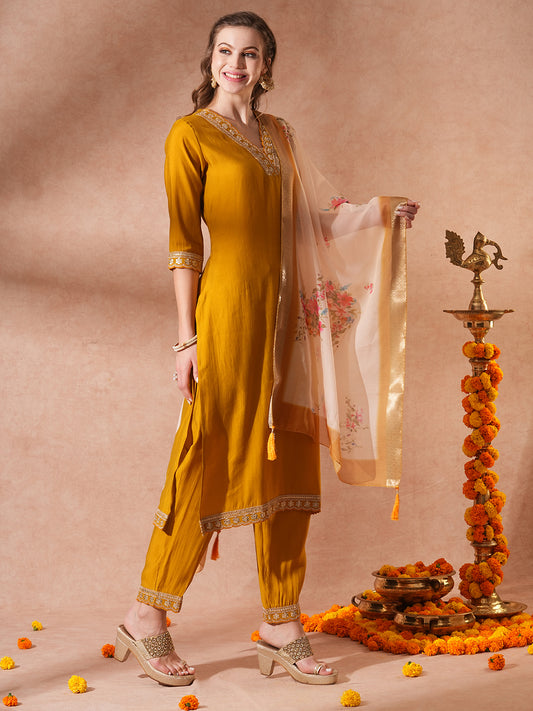 Solid Ethnic Embroidered Straight Fit Kurta with Pant & Dupatta - Mustard