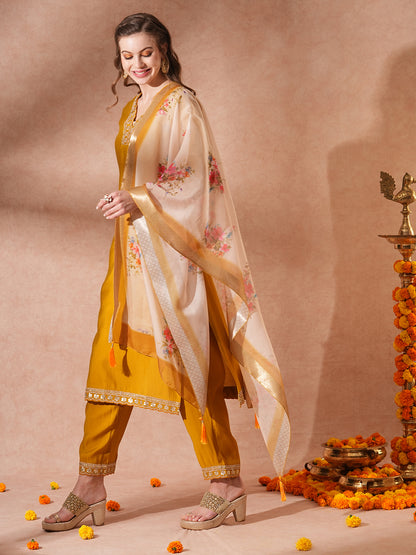 Solid Ethnic Embroidered Straight Fit Kurta with Pant & Dupatta - Mustard