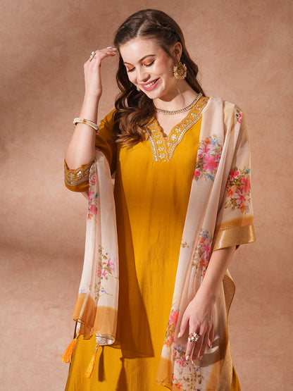 Solid Ethnic Embroidered Straight Fit Kurta with Pant & Dupatta - Mustard