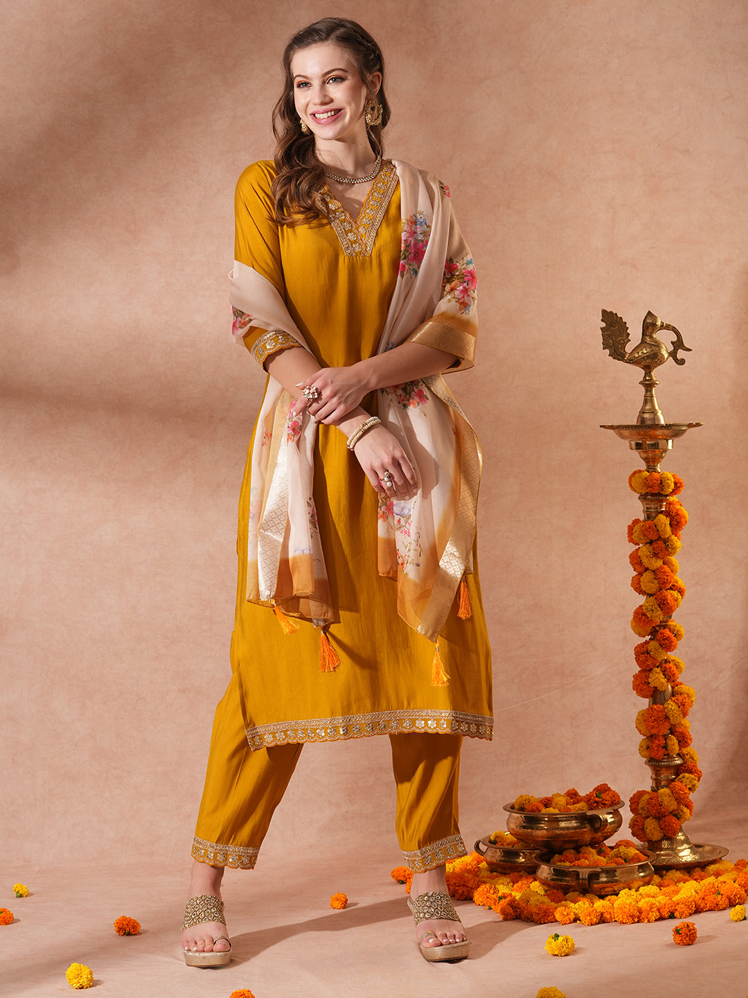 Solid Ethnic Embroidered Straight Fit Kurta with Pant & Dupatta - Mustard