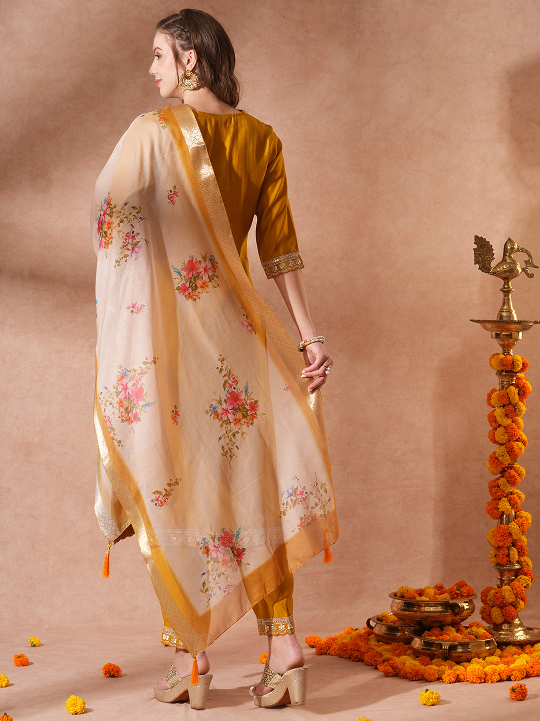 Solid Ethnic Embroidered Straight Fit Kurta with Pant & Dupatta - Mustard