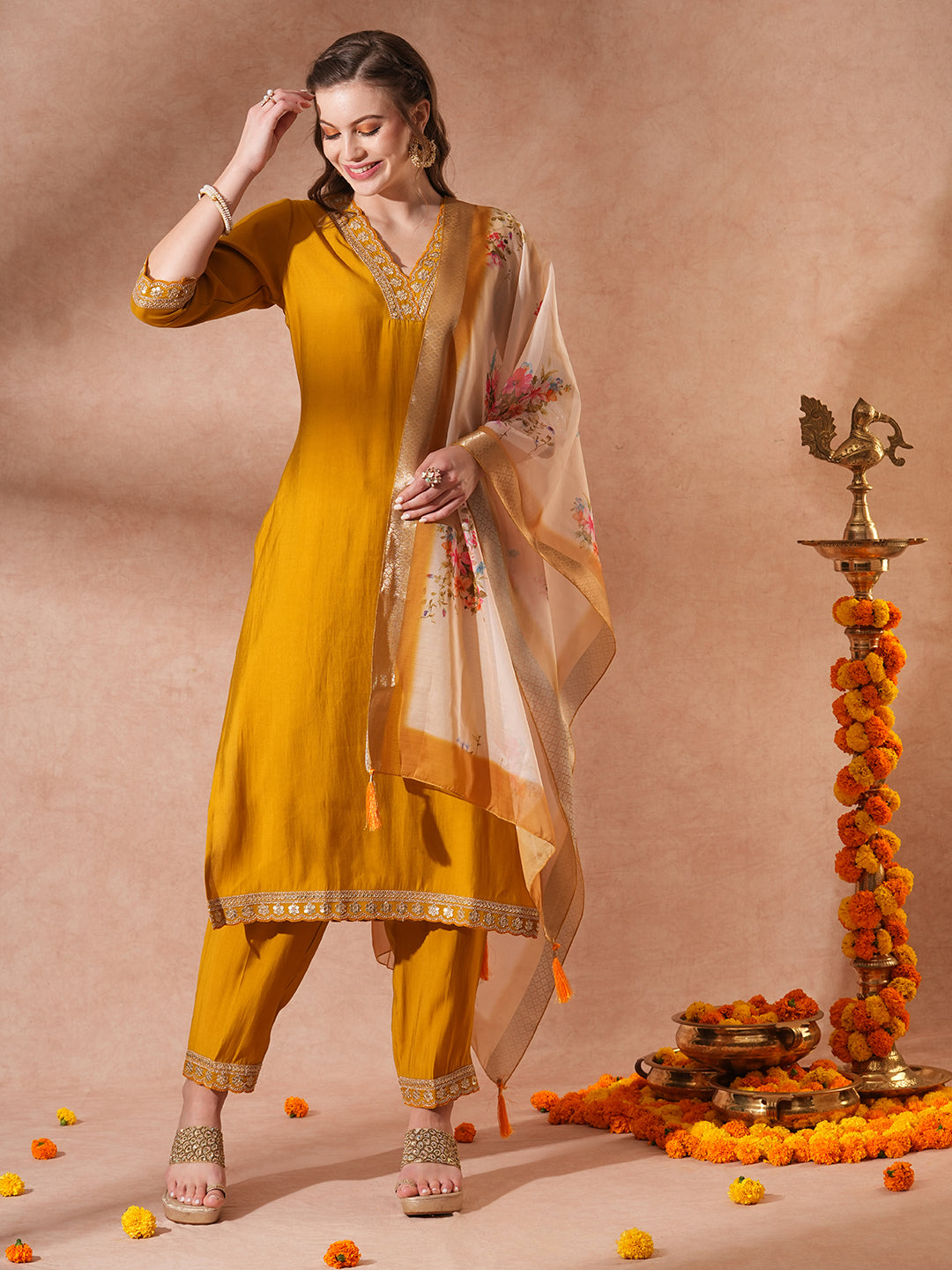 Solid Ethnic Embroidered Straight Fit Kurta with Pant & Dupatta - Mustard