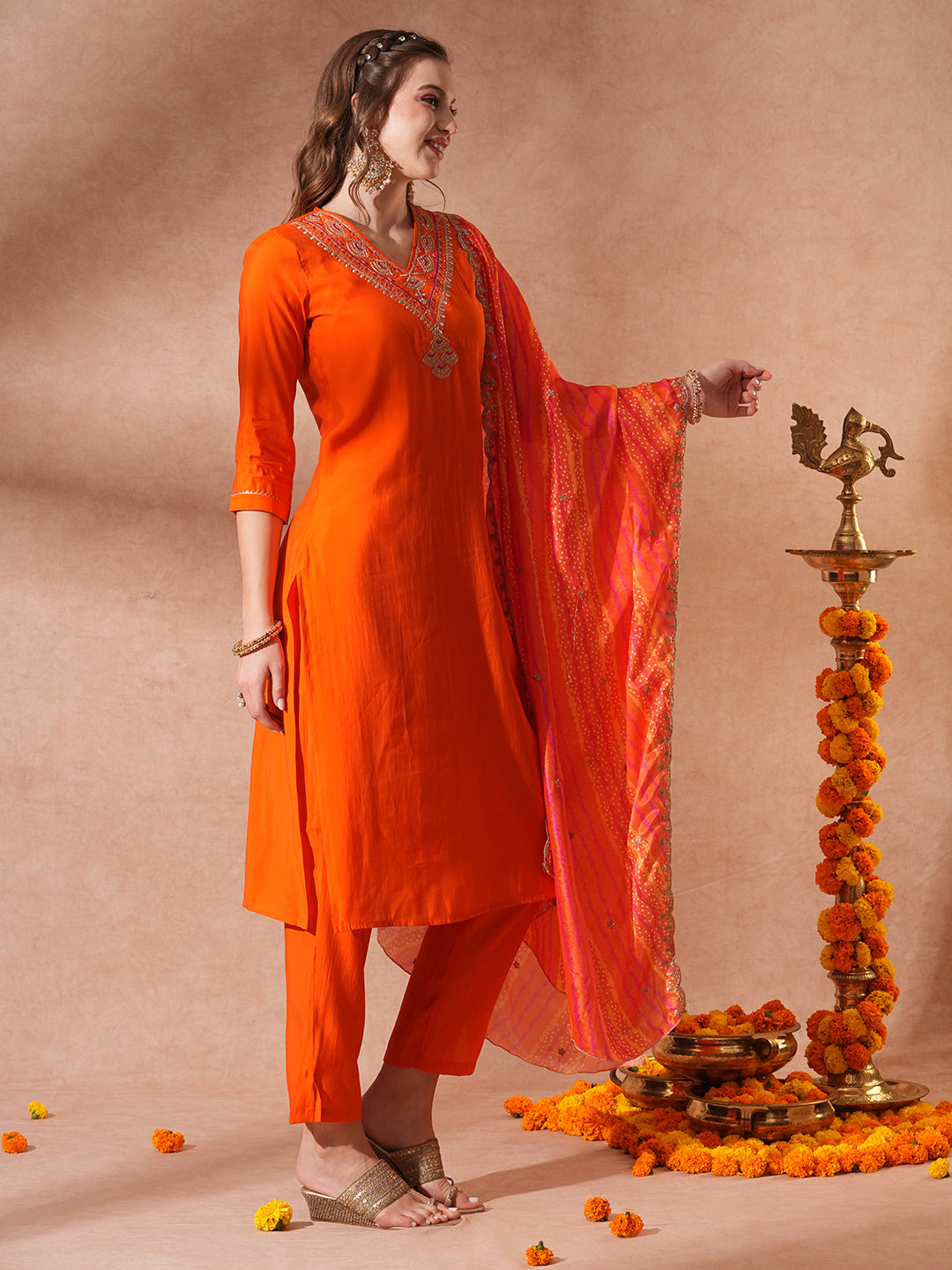 Solid Ethnic Embroidered Straight Fit Kurta with Pant & Dupatta - Orange