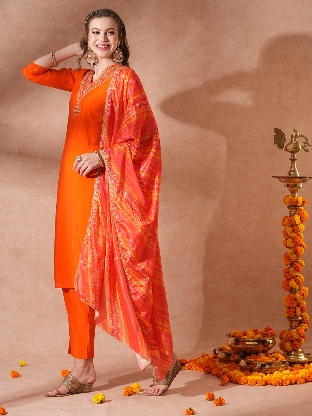 Solid Ethnic Embroidered Straight Fit Kurta with Pant & Dupatta - Orange