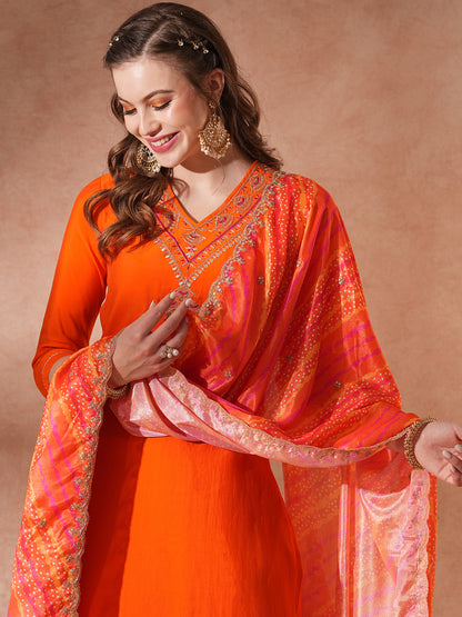 Solid Ethnic Embroidered Straight Fit Kurta with Pant & Dupatta - Orange