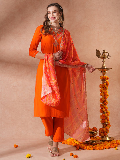 Solid Ethnic Embroidered Straight Fit Kurta with Pant & Dupatta - Orange