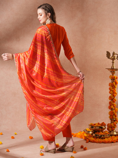 Solid Ethnic Embroidered Straight Fit Kurta with Pant & Dupatta - Orange