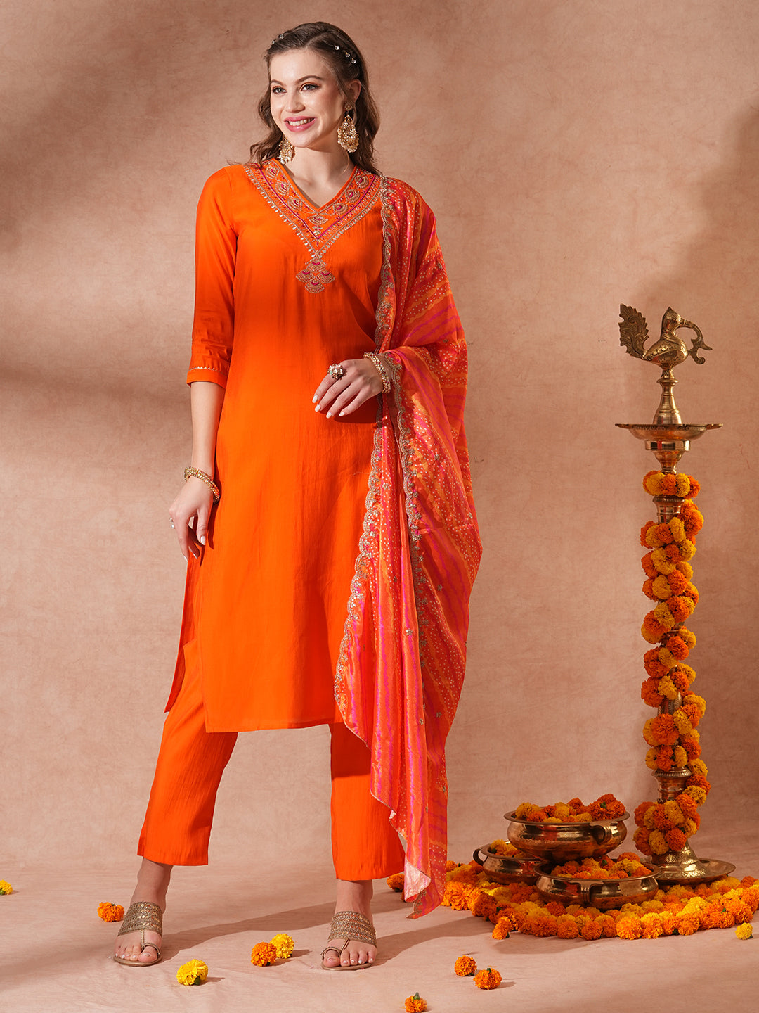 Solid Ethnic Embroidered Straight Fit Kurta with Pant & Dupatta - Orange